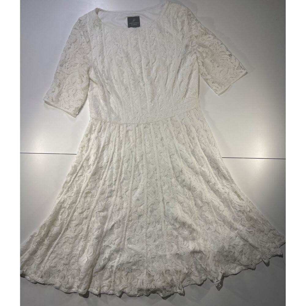 Adrianna Papell White Lace Fit & Flare Dress Size 10 Women 3/4 Sleeves P